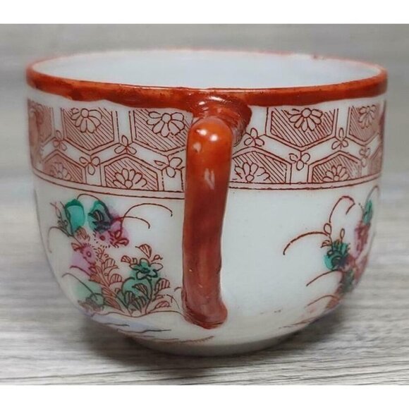 Japanese Kutani Geisha Lithophane Tea Cup & Saucer Set Red Blue White Vintage - Picture 8 of 11